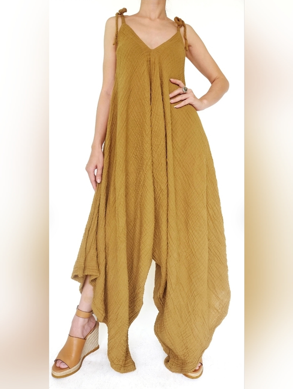 Women's Mustard Tie-Shoulder Romper Jumpsuit